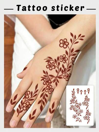 1pc Washable Henna Style Brown Floral Temporary Tattoo, Waterproof Sweatproof Long-Lasting Decoration For Hands, Wrists, Fingers, Lasts 2-3 Days