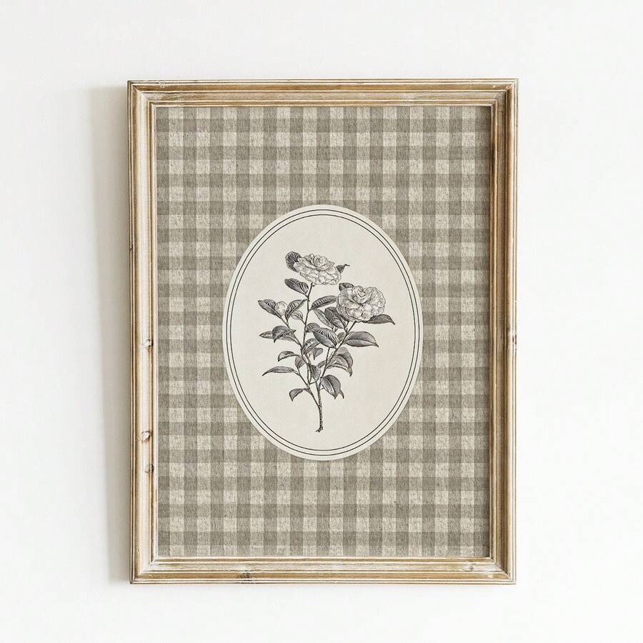 1pc Frameless Neutral Brown Gingham Floral Wall Art Print, Vintage Botanical Checkered Plaid Pattern, Minimalist Cottagecore Aesthetic Poster For Living Room, Bedroom, Dorm, Room Decor, Wall Prints,Funky Posters,Vintage Decor,College Dorm Essentials - Neutral Brown Plaid Flowers - View 1