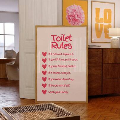 1pc Frameless Bathroom Rules Toilet Rules Vintage Minimalist Typography Pink Gingham Print Funny Quote Print Aesthetic Wall Art Girly Room Decor Posters For Wall Dorm Essentials College Room Room Decor Bedroom Living Room Modern Home Decoration