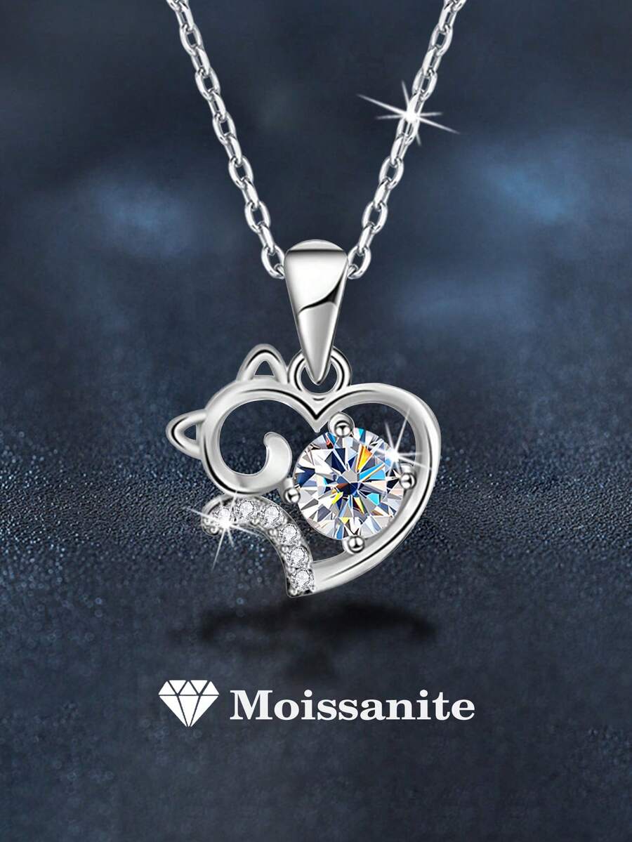 1件925银0.5克拉5.0毫米莫桑石猫咪吊坠项链，可爱甜美，适合日常佩戴、派对、节日、情人节、母亲节、圣诞节、感恩节等场合，是女士珠宝礼物的理想之选。 - XL0174M - 查看 1