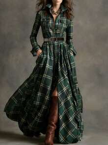 女士休闲复古格子衬衫优雅长裙，收腰设计，开衩下摆，翻领，实用风格，长款连衣裙，春季款 - 綠色 - 查看 1