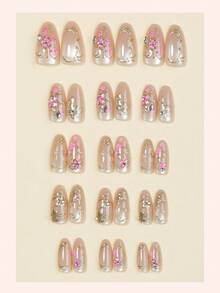 10片猫眼亚克力杏仁形渐变水钻装饰3D金色花卉图案假指甲，闪亮全覆盖，时尚Y2K法式风格，适合女性和女孩日常佩戴的美甲用品 - 彩色 - 查看 3