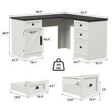 Escritorio Ejecutivo en L de 60", Mesa de Ordenador de Esquina Estilo Rústico con Cajones para Archivos y Armario de Almacenamiento Ajustable - Blanco - Ver 2