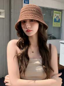 1顶夏季时尚镂空针织渔夫帽，女士户外小宽檐针织帽，休闲百搭遮阳帽 - A - 查看 3