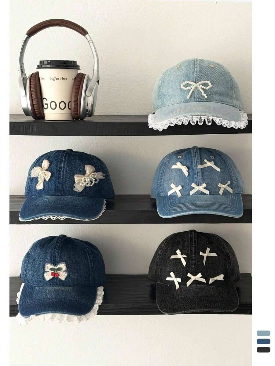 软冠小众白色后扣帽，复古刺绣情侣棒球帽，领结刺绣时尚街头风后扣帽，美国字母刺绣软冠弯檐遮阳帽