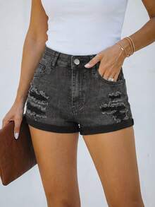 女士休闲黑色破洞牛仔迷你短裤，高弹直筒裤型，带纽扣和拉链细节 - 深灰色 - 查看 4