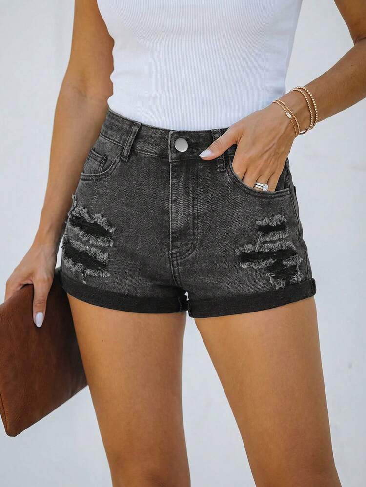 Casual Women's Black Ripped Denim Mini Shorts High Stretch Straight Leg With Button And Zipper Details - Dark Grey - View 4