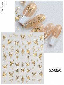 1pc 5D Embossed Jelly Butterfly Nail Sticker - Golden Laser Butterflies Nail Decals,Cartoon Themed Self-Adhesive Nail Art Decorations For DIY Manicure & Pedicure - Gold - View 9
