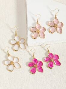 一对时尚、优雅、奢华、甜美、简约、百搭的珐琅四瓣、五叶、六叶雏菊耳环，颜色有粉色、白色、洋红色、橙色、紫色、红色、绿色可选，适合春夏日常及节日佩戴。 - 五瓣花粉紅色 - 查看 4