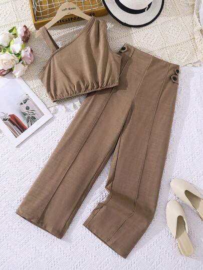 Left Mama 女童休闲斜肩吊带背心和直筒裤套装，日常百搭，夏季