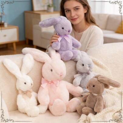可爱蝴蝶结兔子毛绒玩具，复活节兔子玩偶，柔软毛绒动物，安抚兔子，送给女朋友的礼物，生日，新年，节日，派对装饰
