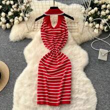 Halter ajustado verano Sexy Mini Vestido De punto sin espalda Spaghetti Strap Vestido De fiesta mujeres Casual fiesta ceñido al cuerpo Vestidos elásticos - Rojo - Ver 11
