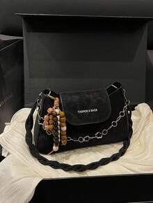 时尚高品质女士小手提包，新款简约小众设计，可单肩/腋下/斜挎链条包 - 黑色 - 查看 1