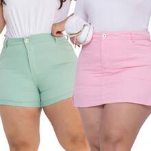 Plus Size Denim Shorts With Lycra, Short Style - Kit R94 Rosa bb + R98 Grön - Visa 1