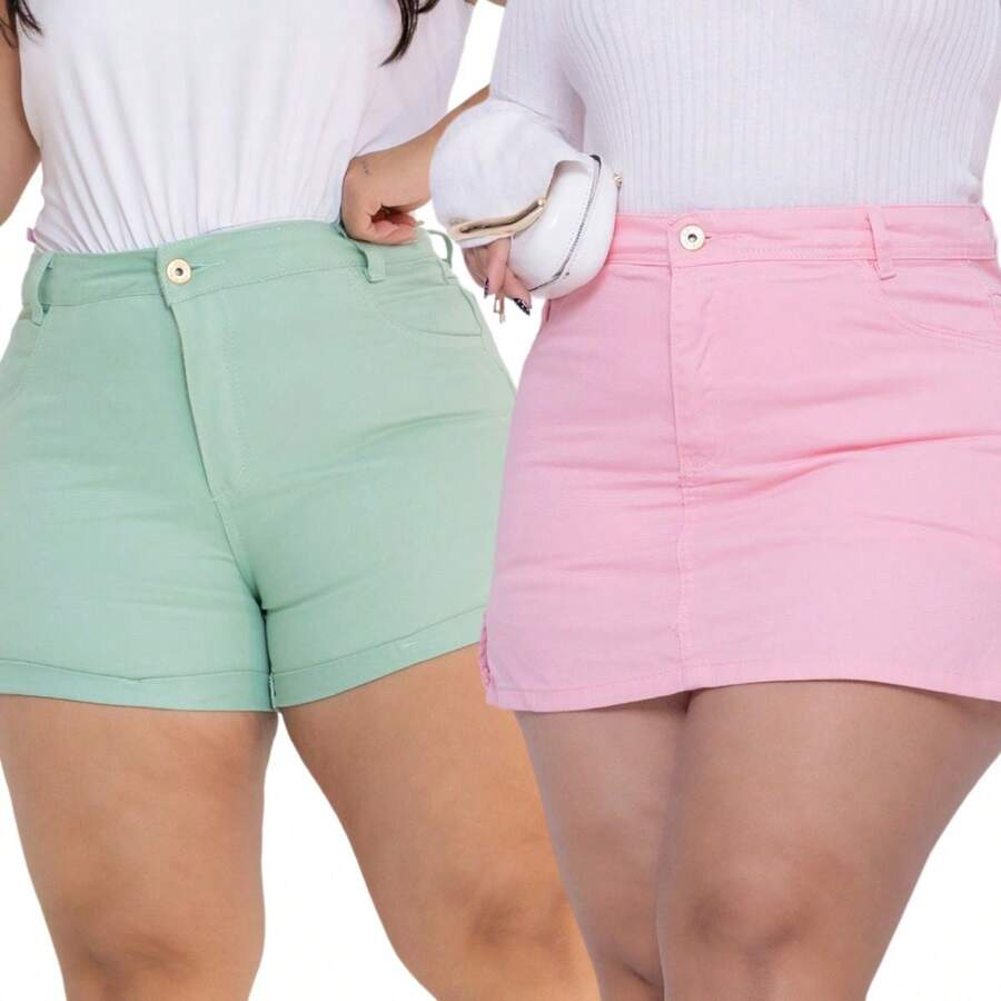 Plus Size Denim Shorts With Lycra, Short Style - Kit R94 Rosa bb + R98 Grön - Visa 1