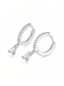 S925纯银梨形锆石双环耳环，低过敏性，适合耳洞佩戴，节日/周年纪念礼物，附赠礼盒 - 銀色 - 查看 1