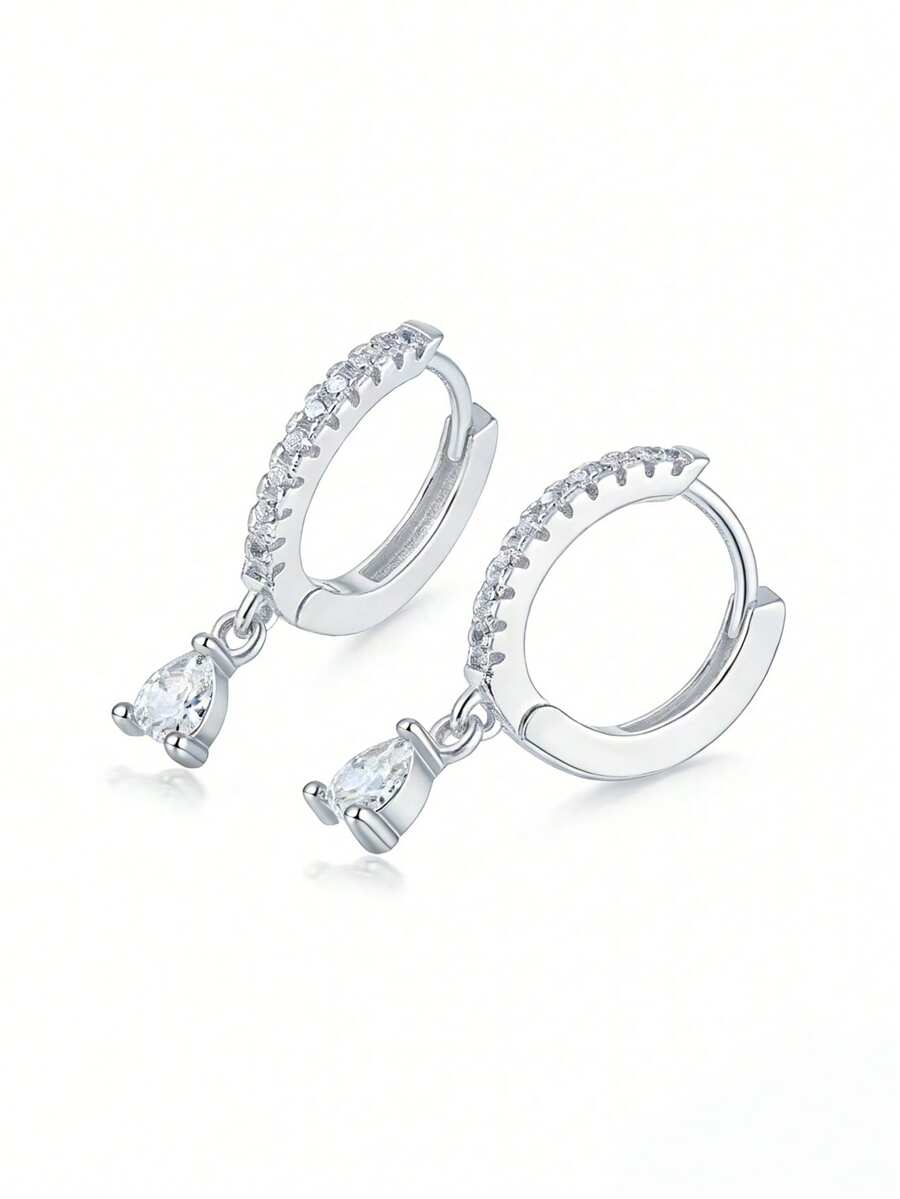 S925纯银梨形锆石双环耳环，低过敏性，适合耳洞佩戴，节日/周年纪念礼物，附赠礼盒 - 銀色 - 查看 1