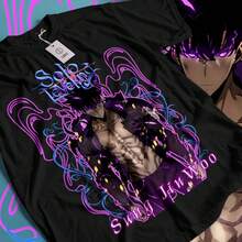 Solo Leveling Women's Fashion Logo Print T-Shirt - Short Sleeve Crew Neck Cotton Top - 黑色 - 查看 1