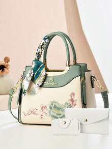 Juego de 3 piezas de bolso de mujer con estampado geométrico elegante, material de piel sintética, que incluye embrague y bufanda - Verde - Ver 14