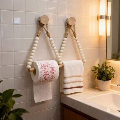 1pc Rural Style Non Perforated Tissue Rack Towel Rack - Wooden Bark Bathroom Storage Rack, Hemp Rope Wooden Ball System, Farmhouse Style Bathroom Accessory Installation (Compatible With Roll Paper), Tissue Storage Box