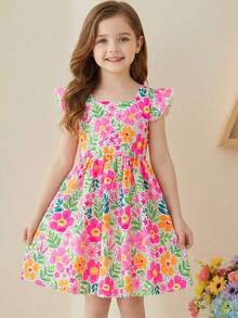 Vestido con estampado floral y cuello cuadrado para niñas, diseño alegre y elegante, adecuado para uso diario, fiestas o festivales, cómodo y de moda - Multicolor - Ver 1