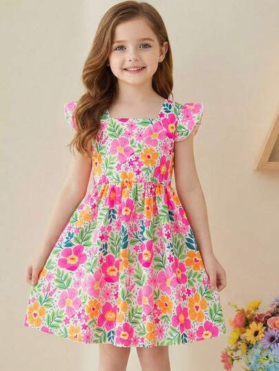 Young Girls' Floral Print Dress With White Base, Featuring Pink, Yellow And Green Colors, Creating A Vibrant Spring/Summer Vibe. Simple Square Collar Design, Lively And Chic Style, Suitable For Girls' Daily Wear, Gatherings Or Festivals, Comfortable And Fashionable.