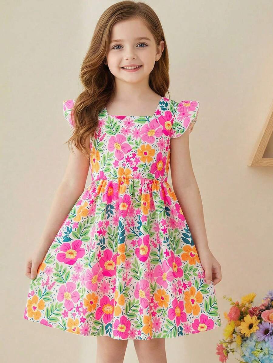 Vestido con estampado floral y cuello cuadrado para niñas, diseño alegre y elegante, adecuado para uso diario, fiestas o festivales, cómodo y de moda - Multicolor - Ver 1