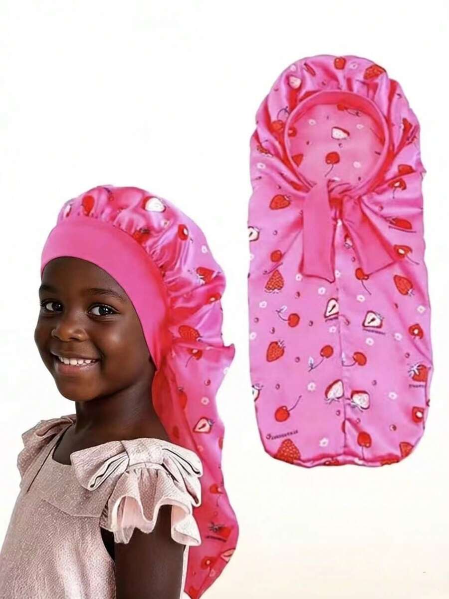 1件装女童草莓独角兽睡帽，长款缎面材质，带松紧带，适合编发和卷发 - 彩色 - 查看 1