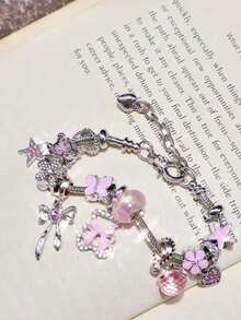 1pc Pink Charm Bracelet, Ribbon Bow Bear Bracelet, Fashionable Street Bracelet, Classic Pink Sakura Flower Bracelet, Heart Party Music Festival Bracelet - 粉色 - 查看 4