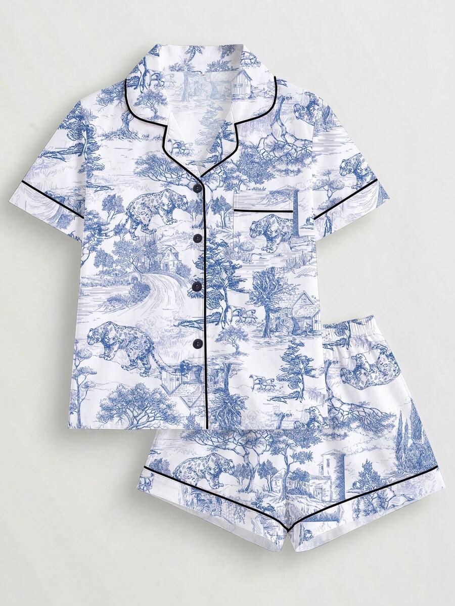 2 件套女式猎豹风景印花睡衣套装，短袖衬衫，有领和纽扣，宽松松紧腰短裤，派对睡衣，时尚舒适，适合休闲、居家，两件套 - 霧霾藍 - 查看 1