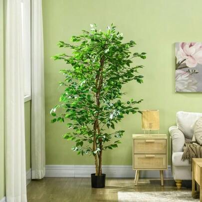 Artificial, Realistic, Easy-Care Ficus Tree, Includes Pot, 180 Cm Tall, Green.