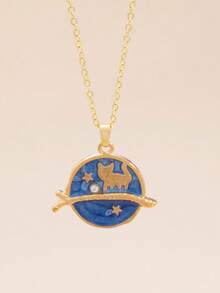 1pc Fashionable & Elegant Cartoon Planet & Cat Pendant Necklace, Suitable For Daily Wear - Blue - View 6