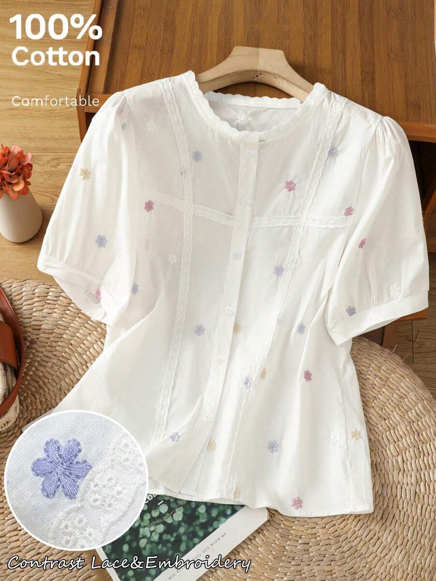 Áo sơ mi trắng thêu ren phối nhiều mảnh, kiểu dáng rộng rãi, thoải mái nhưng vẫn thanh lịch, chất liệu hơi xuyên thấu, thích hợp cho công sở, mùa hè. - trắng - Xem 1