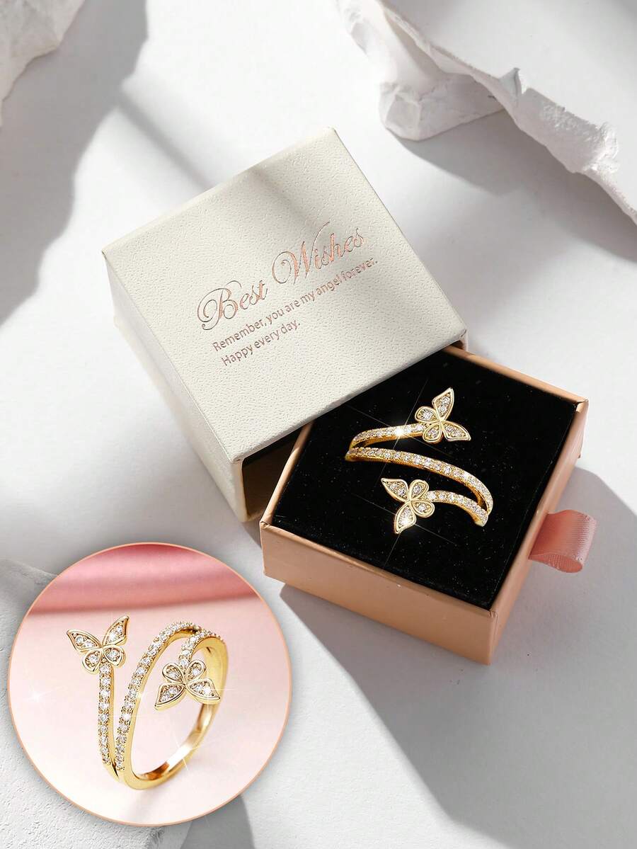 Geschenkbox eleganter Kubikzirkonia Schmetterling Wickelring, modischer Schmuck für Frauen zur Hochzeit, Verlobung, Party, hergestellt aus Kupfermaterial, nicht verblassend und hypoallergen, ideale Geschenkwahl - Gold - Übersicht 1