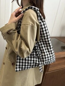 时尚甜美格纹高端简约包包，2026新款复古风女士大容量包 - 黑色 - 查看 9