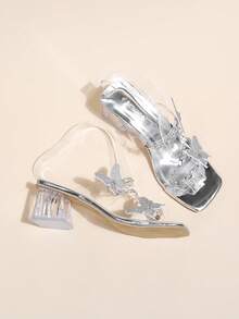 Clear PVC Sandals Women Rhinestone Butterfly Decor Square Toe Block Heel Slingback Shoes For Party & Dating - Silver - View 6