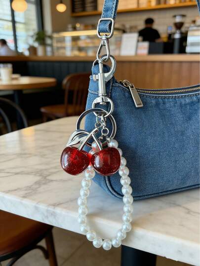1pc Cherry Pearl Keychain Pendant, Shiny Cherry Bag Charm, Shiny Resin And Metal Hardware, Unisex Keychain, Wallet And Bag Decor. Suitable For Women's Wallets And Handbags, Valentine's Day Gifts And Souvenirs, Car Accessories, Bag Charms, Backpack Pendants.