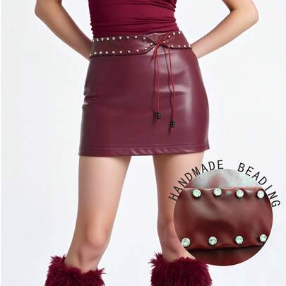 Chân váy ngắn da PU thời trang đường phố gợi cảm, thanh lịch, đính đinh tán dành cho nữ, thích hợp cho mùa xuân/hè.
