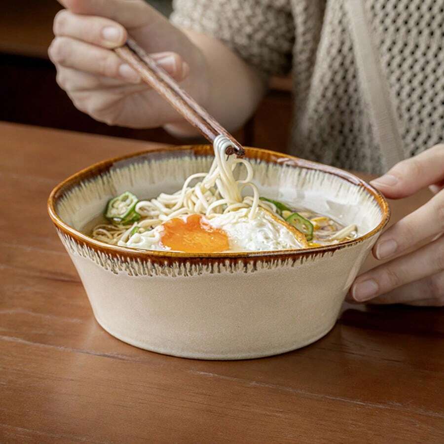 1个不对称沙拉碗，陶瓷开口蔬菜碗，个性化餐厅复古拉面碗，7英寸 - 卡其 - 查看 1