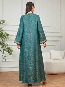 Elegant Long Embroidered Kaftan Dress With Golden Beads, Suitable For Eid, Daily Wear, Dates, Parties, Long Sleeve Robe - Dark Green - View 2