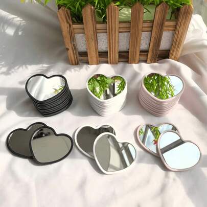 6pcs Heart-Shaped Mirror, Polished Glass, Desktop Portable Design, Floral Theme-Pink/White/Black Optional, Suitable For Makeup, Skin Care Or Travel Use, Elegant Accessories, Small And Portable