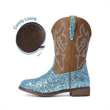Girls Blue Cowgirl Boots Glitter Western Style Toddler Cowboy Boots Child Mid Calf Rhinestone Riding Shoes Party Birthday Dress Up For Toddler/Little/Big Kid Party School Holiday Dress Up - Màu xanh lam - Xem 6