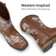Girls Cowboy Boots Floral Embroidered Classic Western Cowgirl Boots Square Toe Mid Calf Side Zipper Horsing Party Toddler/Little/Big Kids - 棕色 - 查看 5