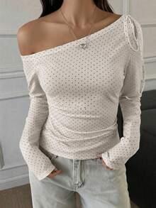 阳光少女风白色波点针织长袖上衣，韩版纯粹欲望风格，单肩蝴蝶结系带，适合夏季情人节、居家休闲或日常通勤穿着。 - 米色 - 查看 6