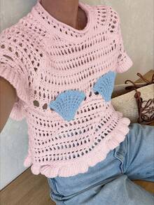 Live To Mo 女士镂空针织沙滩罩衫，饰有精美贝壳图案，优雅海洋元素设计，是夏季度假和情人节的完美之选（粉色） - 粉色 - 查看 8