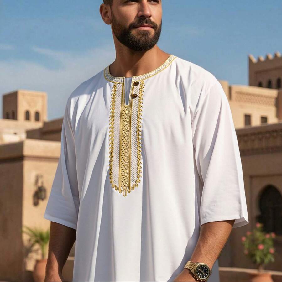 Bata bordada para hombres, Gandoura de unicolor para hombres, Bata tradicional Gandoura para hombres con bolsillos - Blanco - Ver 1