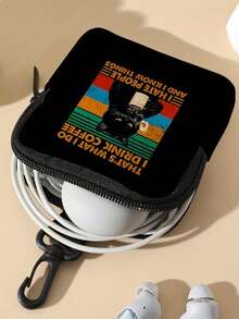 1个黑色猫咪印花黑色底零钱包，防水仿皮拉链袋，多功能迷你耳机收纳袋 - 彩色 - 查看 5