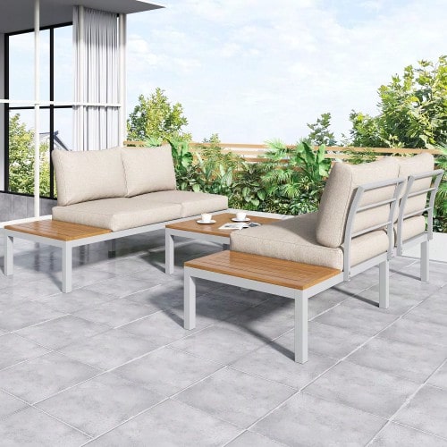 Garten-Loungesessel-Set, Gestell Aus Verzinktem Stahl, (2x Zweisitzer, 2x Beistelltische, 1x Tisch), Akazienholzplatte, Stoffbezug Zur Bespannung Der Rückenlehne, Beige(Previous Sku:HW00005AAW) - Beige - View 1