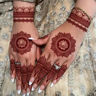 4 Sheets Full Hand Flower Design Brown Red Maroon Sexy Foot Finger Hand Tattoo Sticker Women Flower Henna Tattoo Sticker Flower Waterproof Sticker Brown Tattoo Sticker Women Body Art Sticker Wedding Party Brown Red Tattoo Sticker