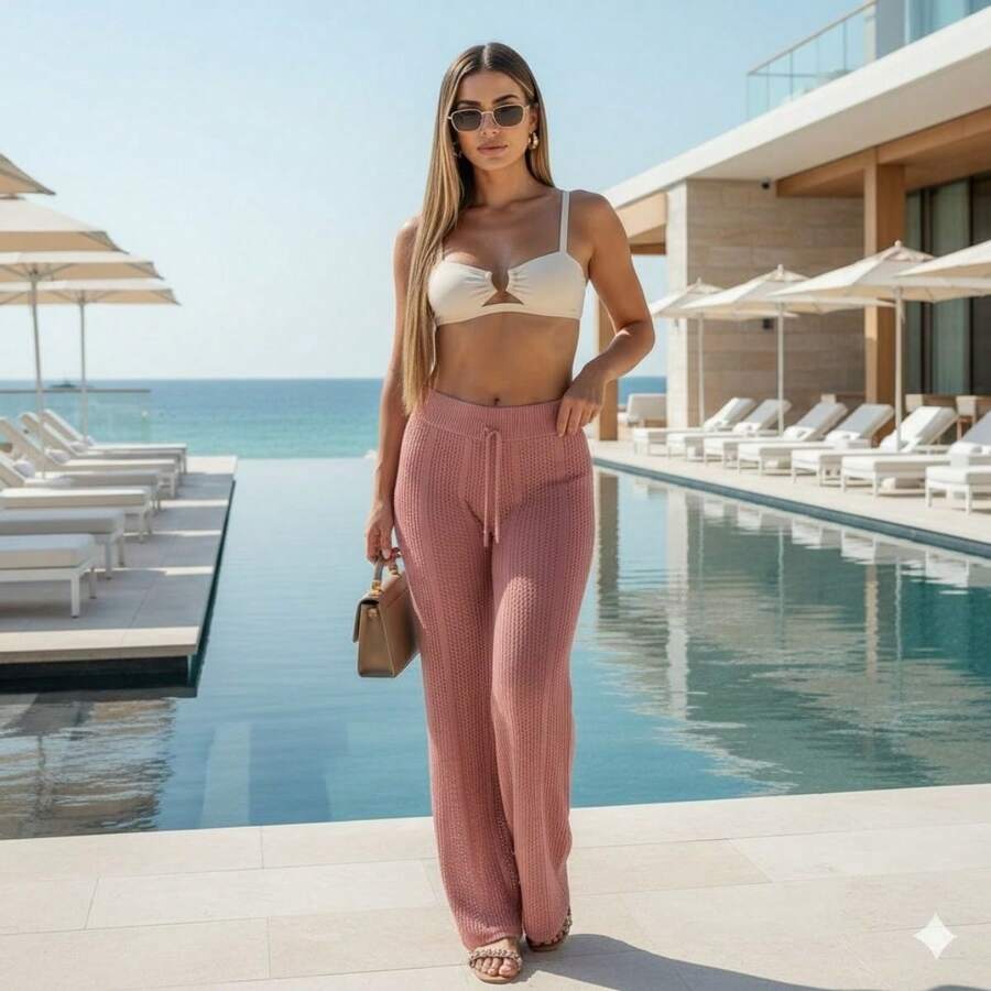 Women's Beach Cover-Up Pants With Cutouts, Summer Fashion, Ideal For Layering Over A Bikini, Swimsuit, Beach, Pool, Risorte - Hoa hồng sẫm - Xem 1